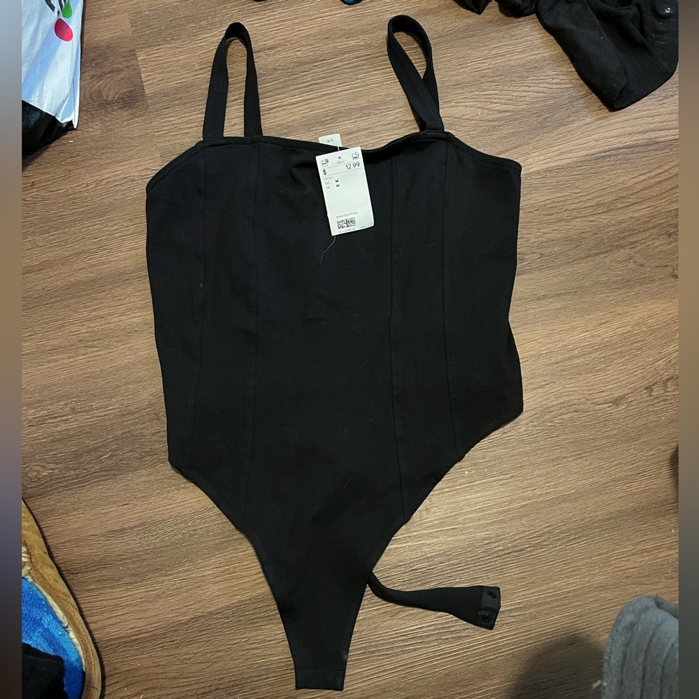 H & M Black corset structured body suit NWT